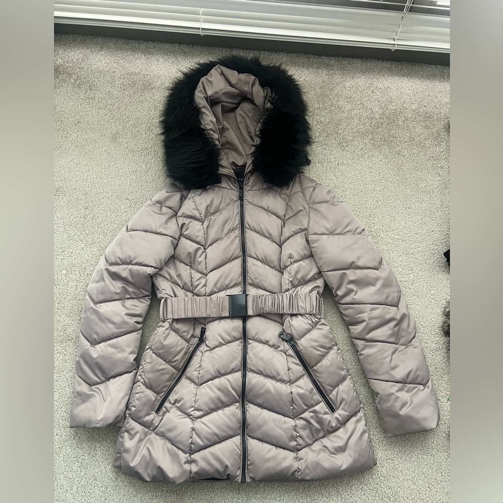 Tahari Pewter belted puffer